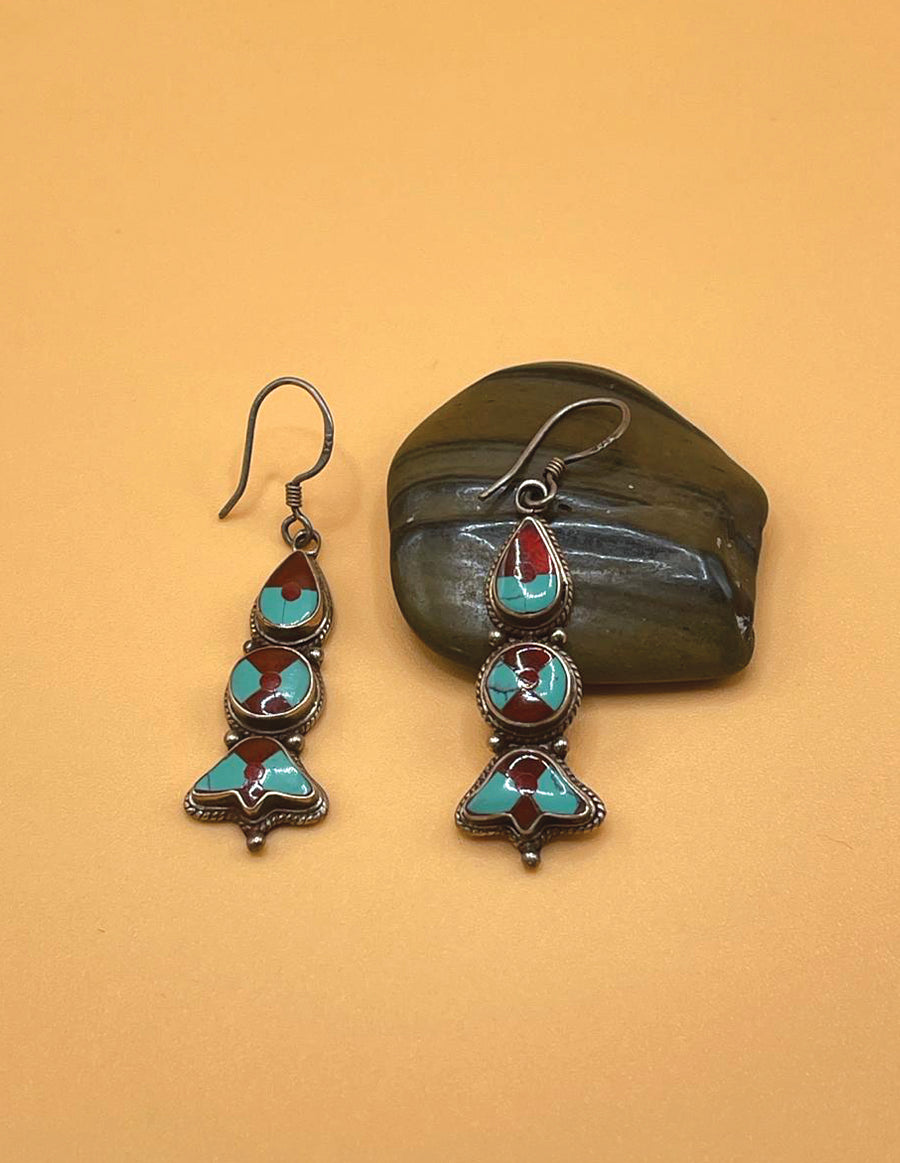 Sterling Silver Gemstone Coral and Turquoise Tibetan Inlay Earrings