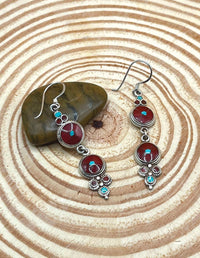 Sterling Silver Gemstone Coral and Turquoise Tibetan Round Earrings