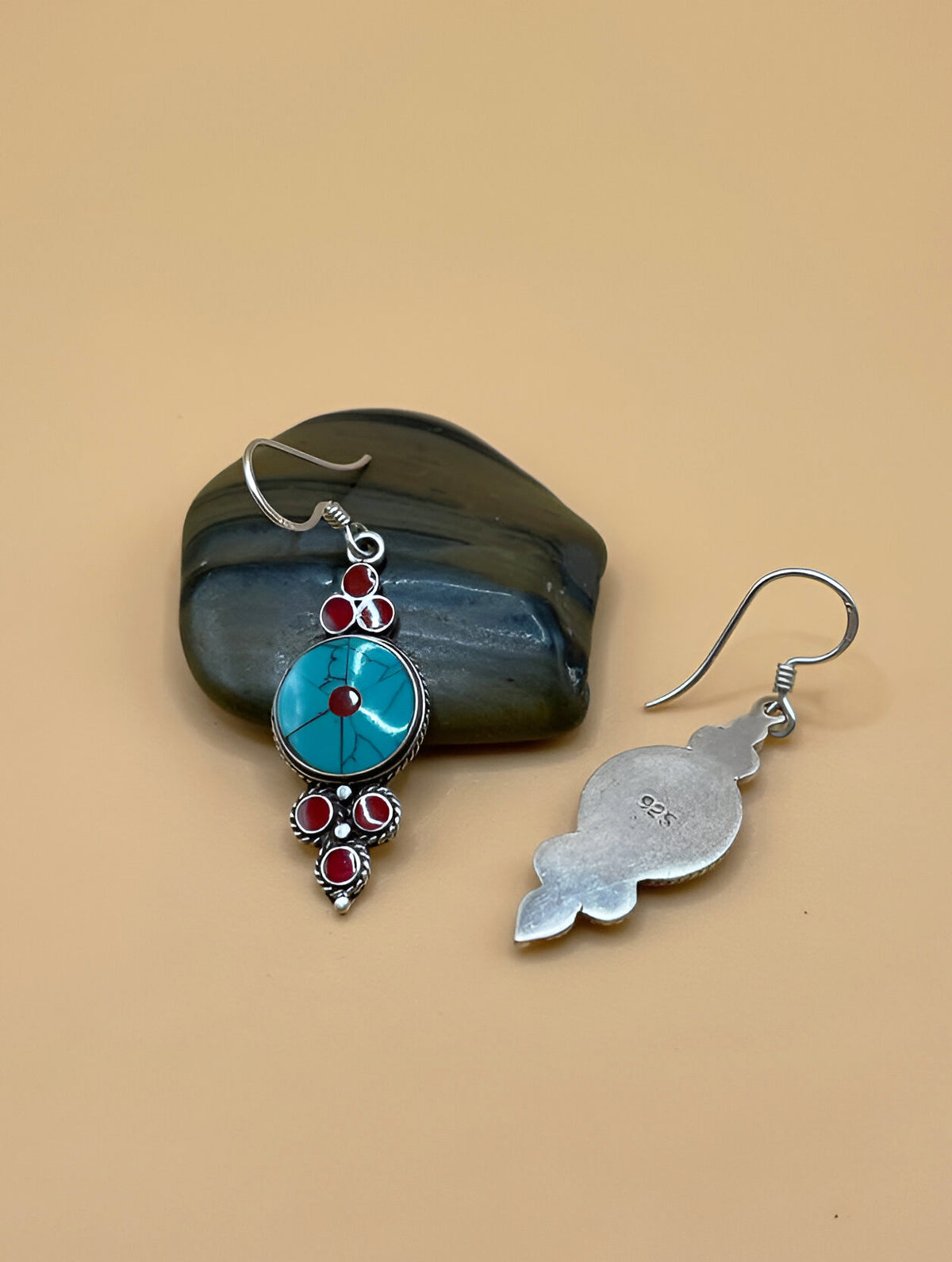 Sterling Silver Gemstone Tibetan Round Inlay Earrings