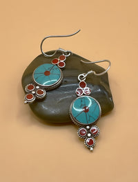 Sterling Silver Gemstone Tibetan Round Inlay Earrings