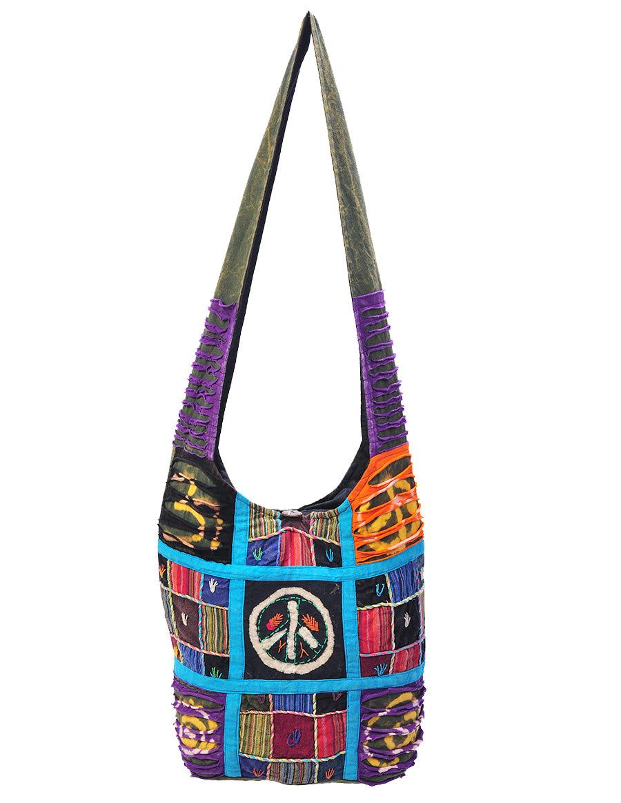 Black Peace Stamped Patched Hobo Bag