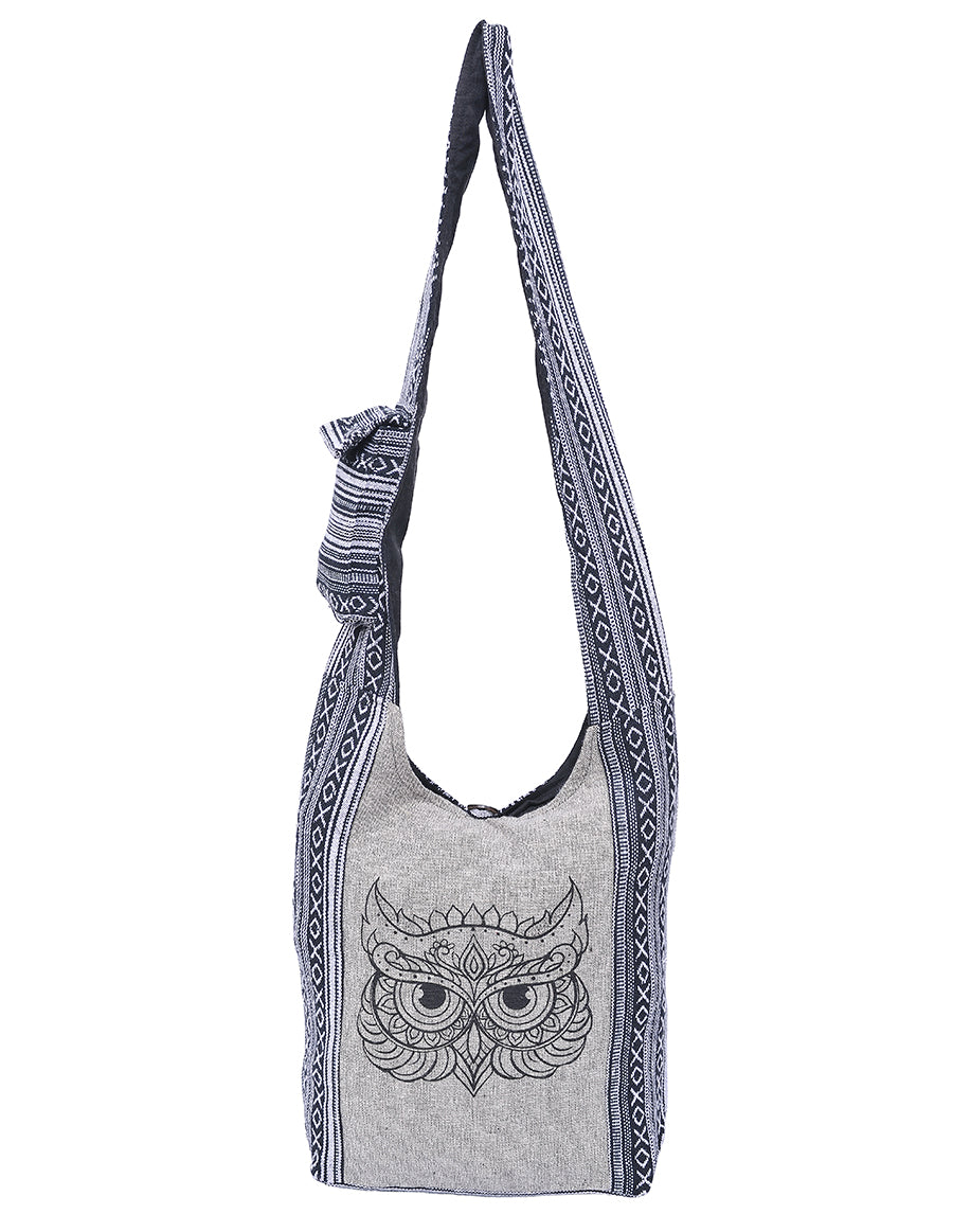 Owl Printed Cotton Hobo Bag